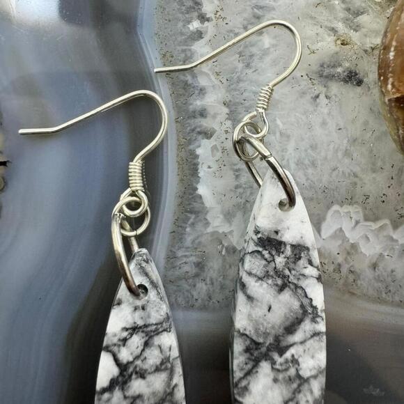 Sterling Silver Elongated Marquise Net Jasper Slab Dangle Earrings For Women 231 - Picture 5 of 10